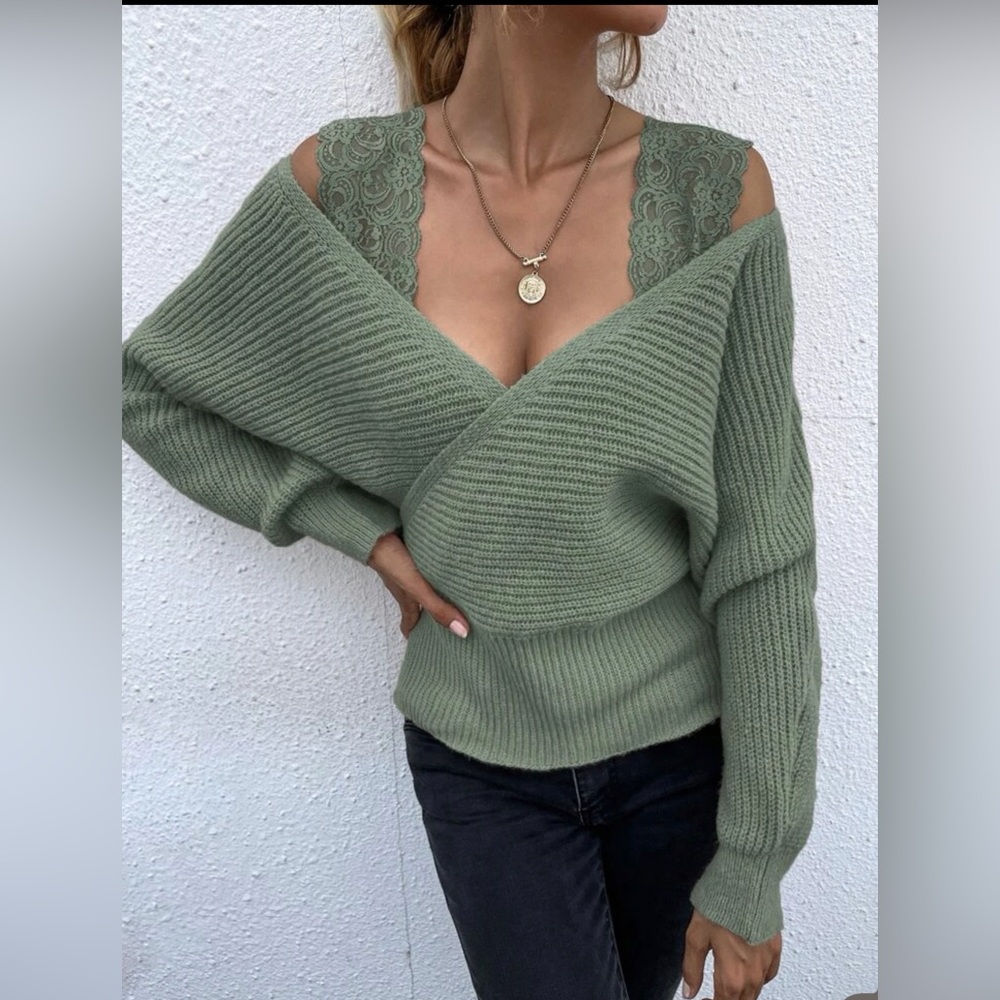 SHEIN Lace Cold Shoulder Sweater- S